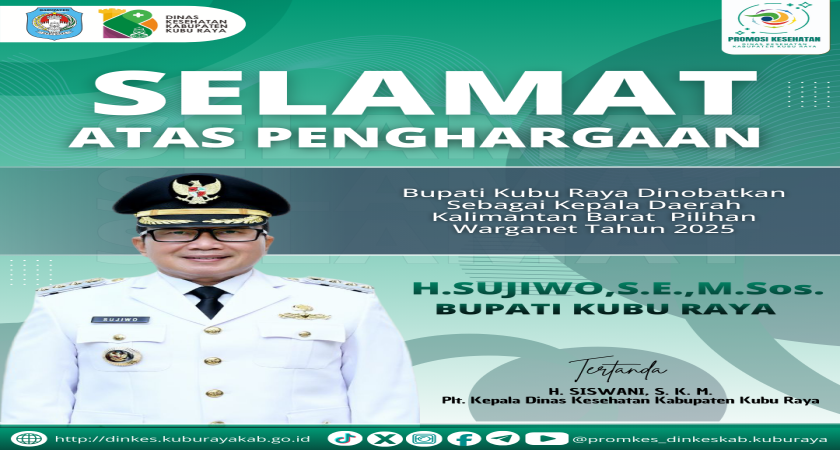 Selamat dan sukses kami ucapkan kepada Bupati Kubu Raya, H. Sujiwo, S.E., M.Sos atas diraihnya penghargaan sebagai Kepala Daerah Kalimantan Barat Pilihan Warganet Tahun 2025.